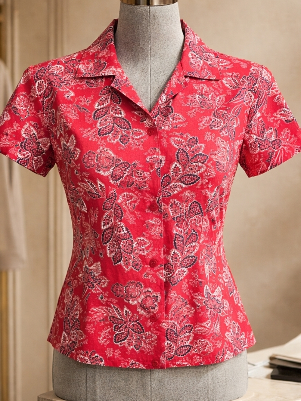 Women's Vintage Red Paisley Button-Front Short-Sleeve Shirt